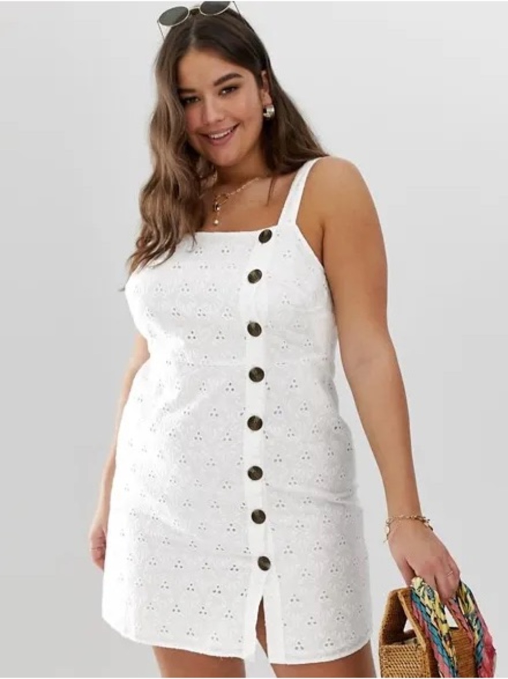 ASOS Curve White Palm Tree Eyelet Button-Front Mini Dress